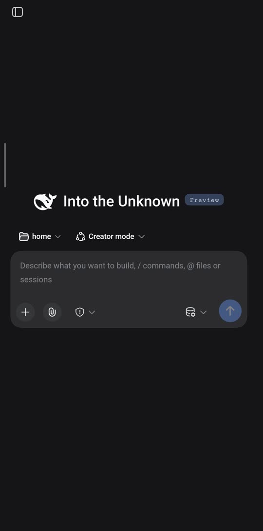 Pocket Harness home empty state: session title, home folder and Creator mode selectors, composer reading Describe what you want to build, slash commands, at files or sessions
