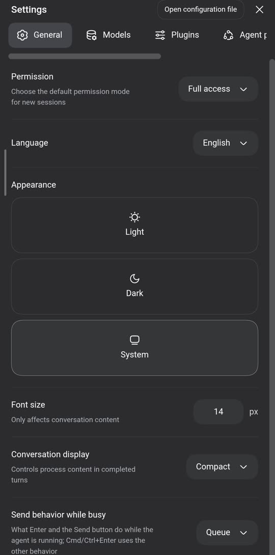 Settings General tab showing Permission Full access, Language English, Appearance Light Dark System options, and Font size 14 pixels